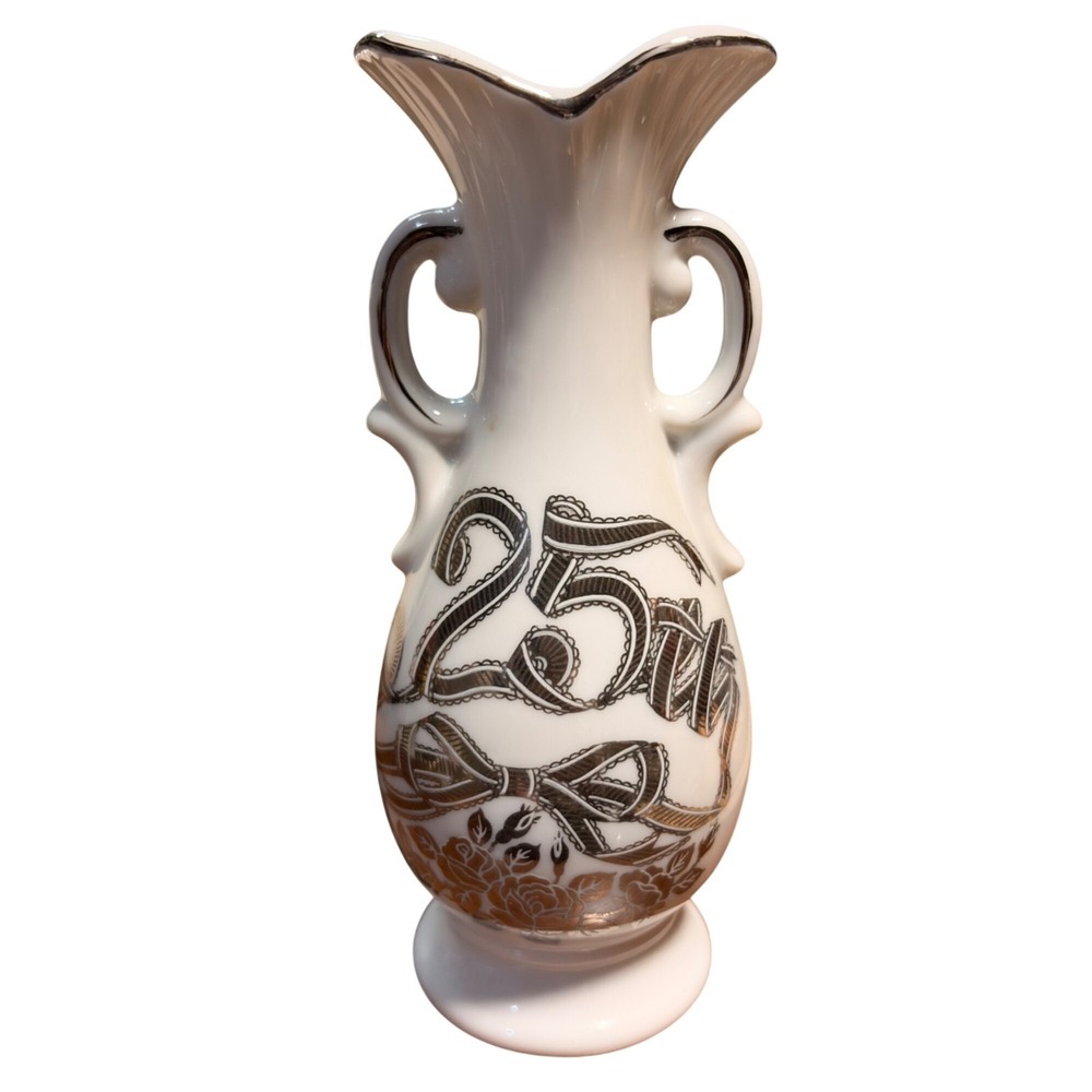 Vintage Enesco 25th Anniversary Porcelain Vase Japan Silver Trim Fluted Urn 6"